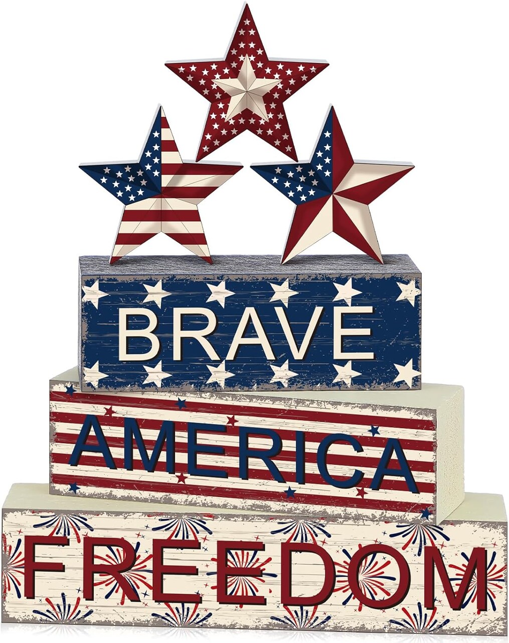 4 Pieces 4 of July Table Decorations Patriotic Memorial Day Wooden Block Signs Red White Blue Tabletop Centerpieces Farmhouse Independence Day Tiered Tray Decor for Home 250th Anniversary